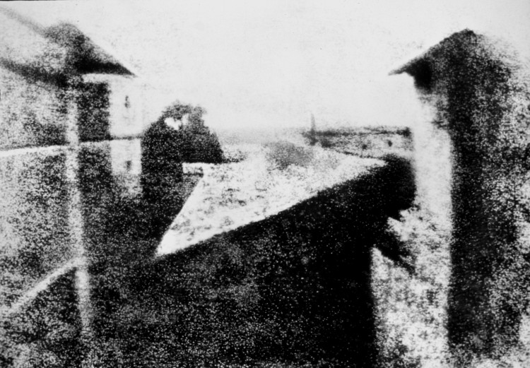 Enhanced version of Niépce's View from the Window at Le Gras (1826 or 1827), the earliest surviving photograph of a real-world scene, made using a camera obscura.
